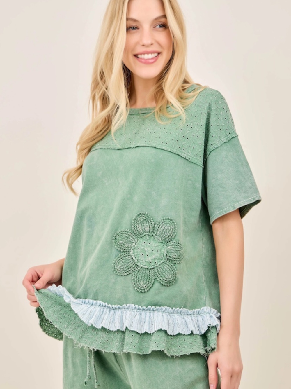 "The Verde" TOP Green Flower Ruffle Trim Happy Top